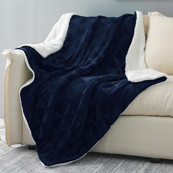 50” x 70” Large Throw Blanket, Sherpa Reversible Brushed Flannel Fleece Plush Blanket, Stylish Decorative, Lightweight, Soft and Warm Navy Blue