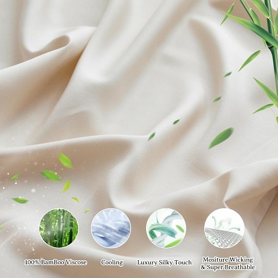 100% Viscose from Bamboo Sheet Set 4Pcs Cooling Soft Breathable Rayon Bed Sheets,Luxury Silky Feel Bedding(1 Flat Sheet 1 Fitted Sheet 1 Pillowcase)-Beige,Twin