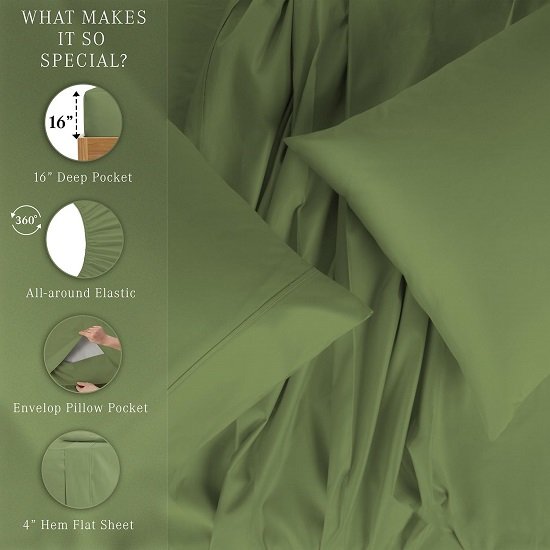 King Size Sheets Set (4 Pc), 100% Cotton Sheets, Cooling Sheets, 400 Thread Count, Soft & Luxury Sateen Weave Sheets for King Size Bed with 16'' Elasticized Deep Pockets - Sage