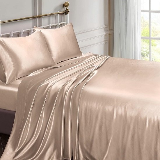 Satin Sheets Queen Silky Soft Satin Bed Sheets Amber Beige Satin Sheet Set, 1 Deep Pocket Fitted Sheet + 1 Flat Sheet + 2 Pillowcases