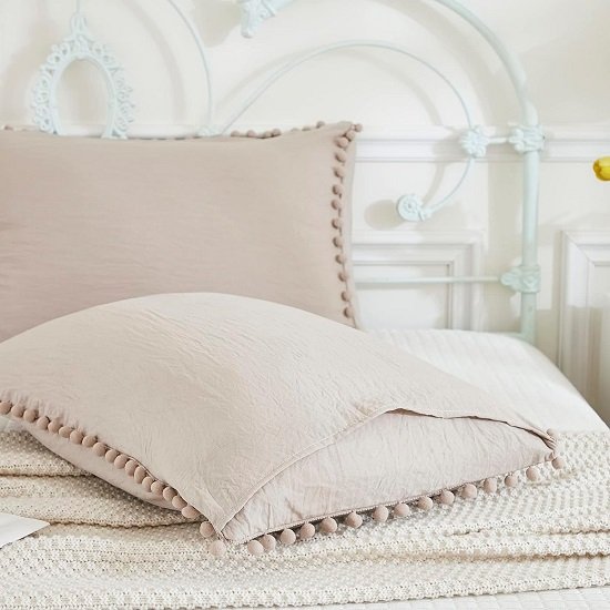 Taupe Pillowcases, Khaki Taupe Standard Pillow Cases Set of 2, 100% Washed Microfiber, Taupe Ball Fringe Pillow Cover, 2 Pack